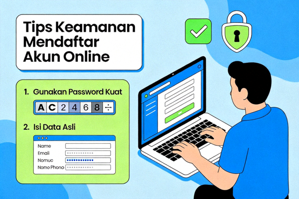 Ilustrasi tips keamanan saat mendaftar akun online seperti menggunakan password kuat dan data asli