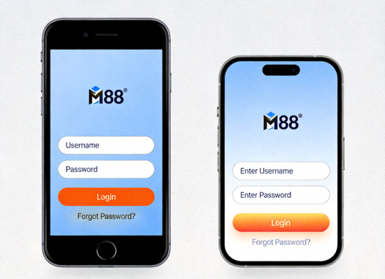 Tampilan login M88 di layar smartphone Android dan iPhone
